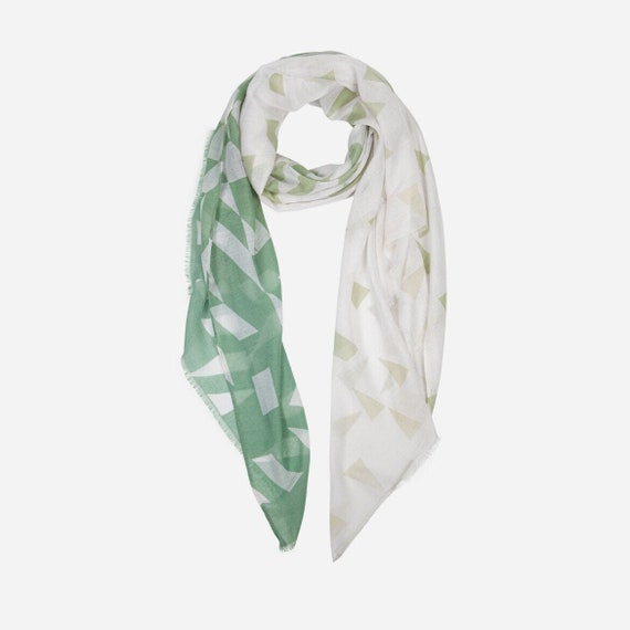 Green Retro Scarf, Geometric Print Scarf Women, Two Tone Lightweight Scarf, Summer Scarf, Bohemian Scarf, Gifts for Her, Mothers Day Gifts