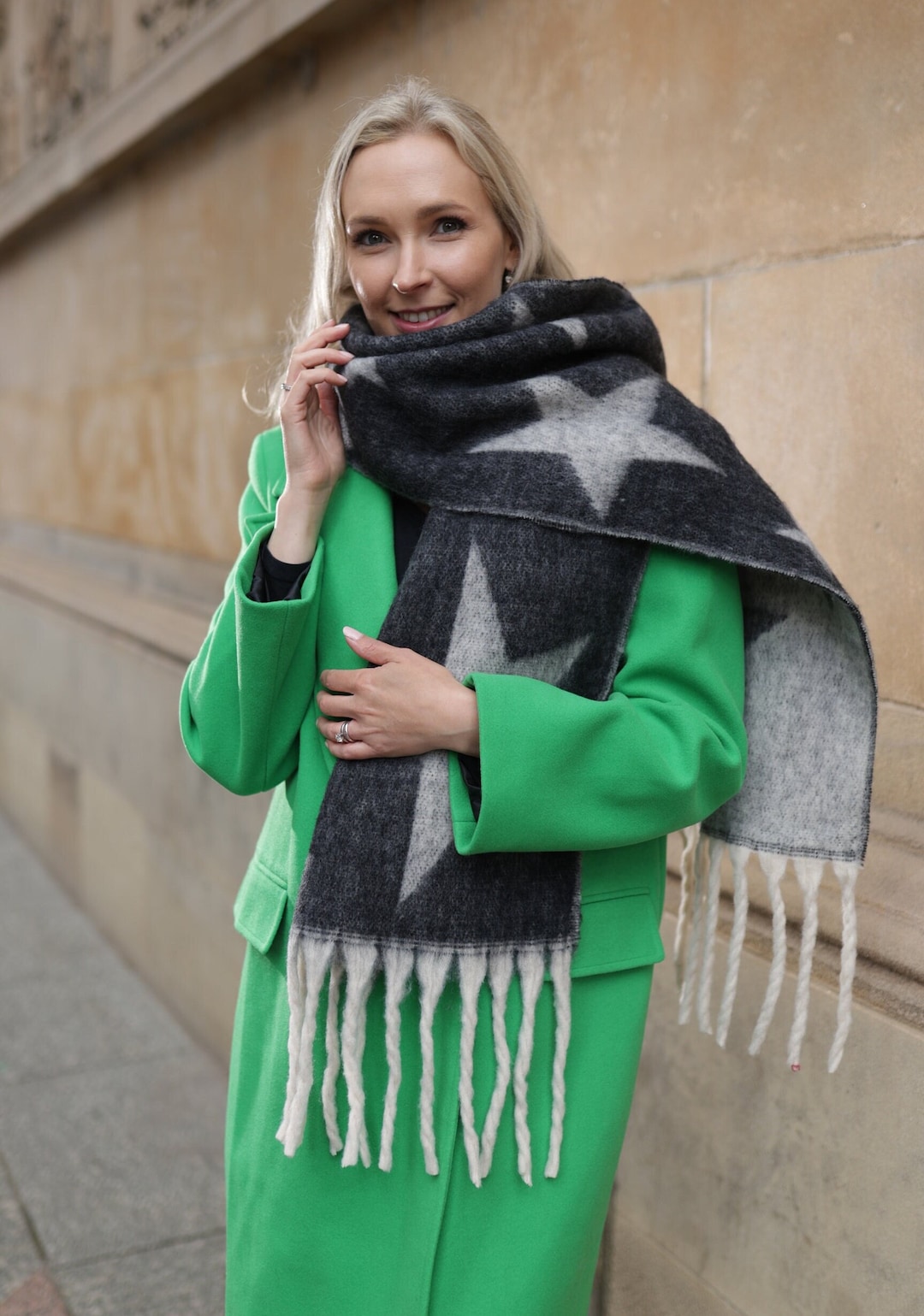 Black Grey Blanket Scarf, Scattered Star Print Scarf, Reversible