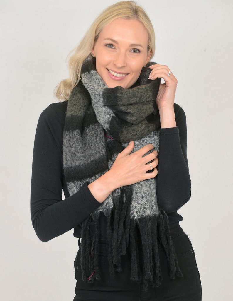 Blanket Scarf Women, Oversized Shawl, Striped Colourblock Sacrf, Heavyweight Tasseled Scarf, Personalised Scarf, Christmas Gift In a Box Gray