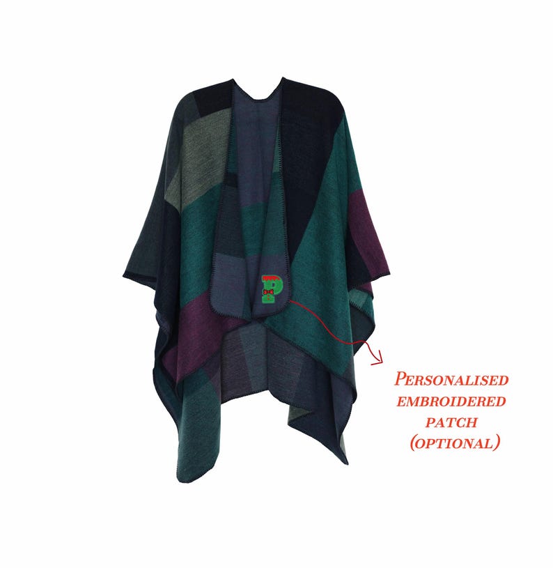May include: A multi-colored poncho with a patchwork design in shades of teal, purple, and navy. The poncho features a personalized embroidered patch with the letter "P". The text "PERSONALISED EMBROIDERED PATCH (OPTIONAL)" is also visible.