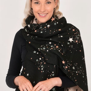 Star Scarf, Foil Print Scarf Women Shawl, Heavyweight Scarf, Winter Warm Scarf, Celestial Print Personalised Gift for Her, Christmas Gifts Black