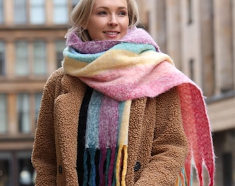 Blanket Scarf Women, Rainbow Scarf, Oversized Shawl, Warm Winter Scarf, Gift For Her