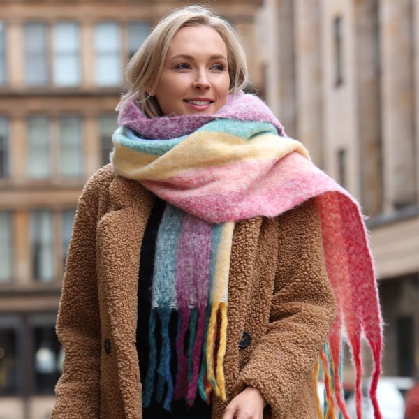 Decken Schal Frauen, Regenbogen Schal, Übergroße Schal, warmer Winter Schal, Geschenk für sie