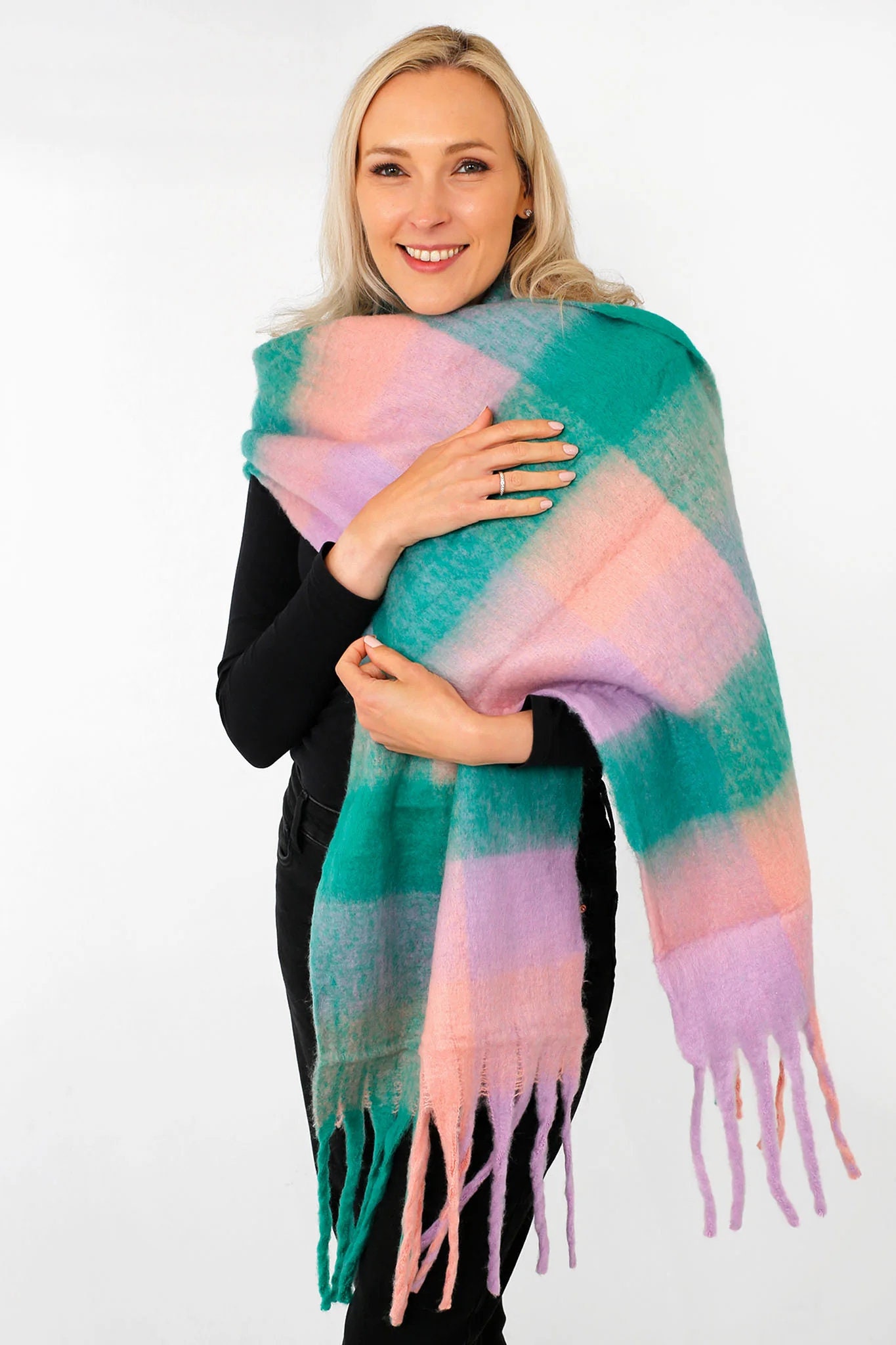 Sciarpa Coperta Donna Plaid Verde Curcuma – Morbida In Finto Cashmere, Grande E Calda, Stile Scialle - 2