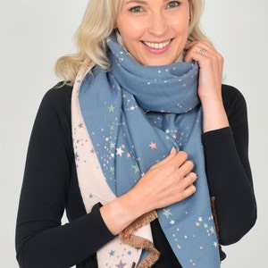 Star Scarf, Foil Print Scarf Women Shawl, Heavyweight Scarf, Winter Warm Scarf, Celestial Print Personalised Gift for Her, Christmas Gifts Denim Blue