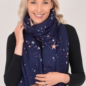 Star Scarf, Foil Print Scarf Women Shawl, Heavyweight Scarf, Winter Warm Scarf, Celestial Print Personalised Gift for Her, Christmas Gifts Navy Blue