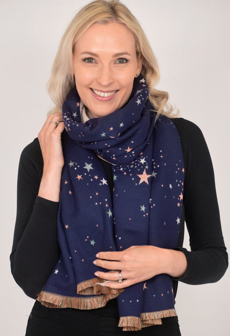 Star Scarf, Foil Print Scarf Women Shawl, Heavyweight Scarf, Winter Warm Scarf, Celestial Print Personalised Gift for Her, Christmas Gifts Navy Blue