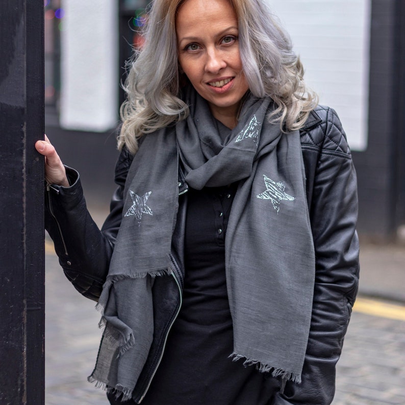 LADIES SILVER STAR SCARF SILVER GLITTER STARS BLUE PINK GREY BLACK