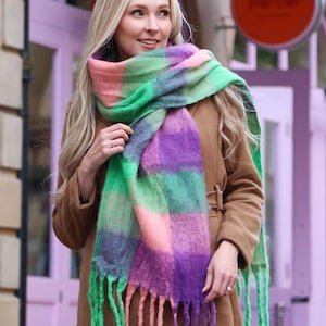 Blanket Scarf Women, Purple and Green Check Scarf, Square Colour Block, Oversized Shawl, Fluffy Heavyweight Scarf, Personalized Gift for Her