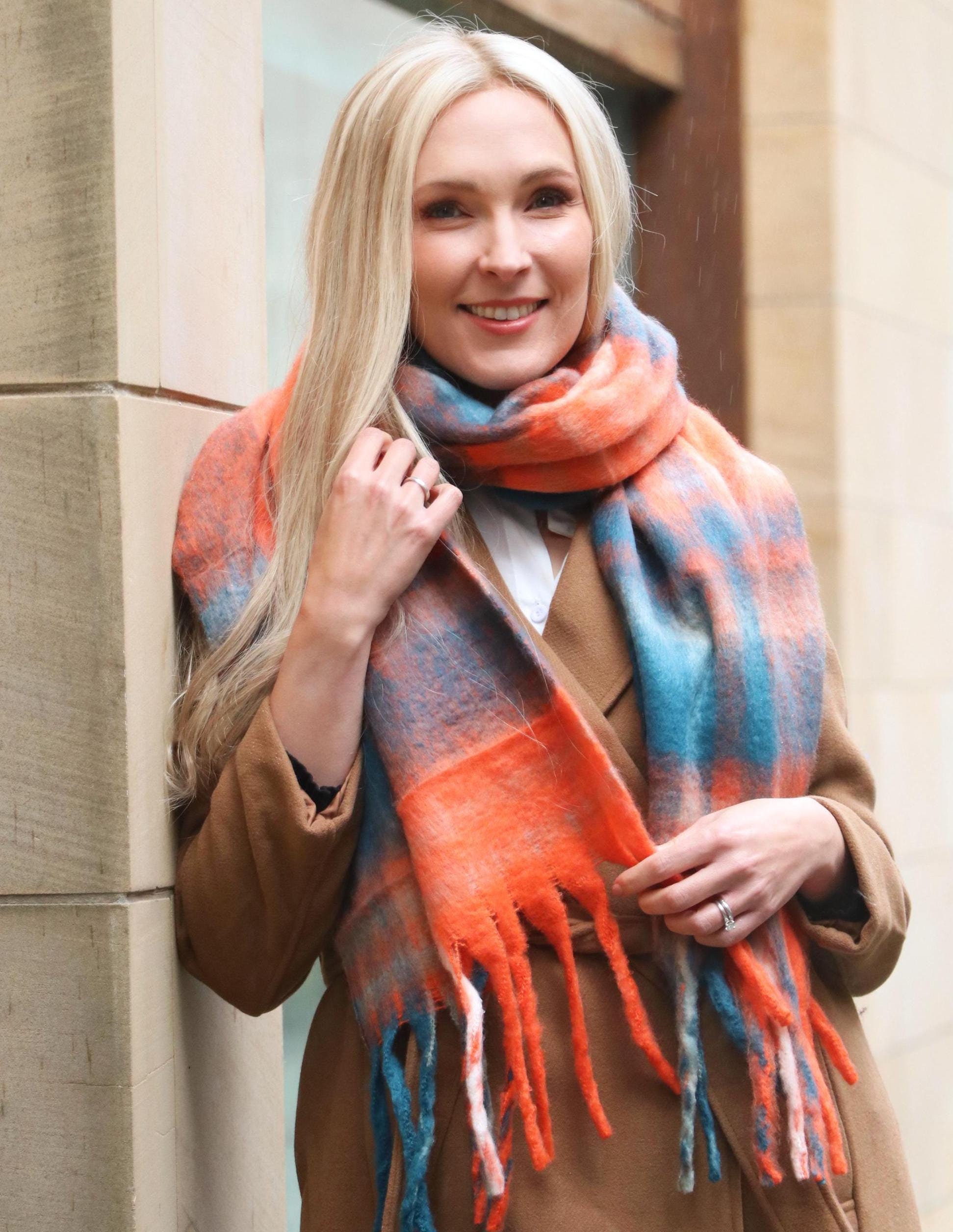Orange Blanket Scarf, Winter Knit Scarf, Womens Traditional Check