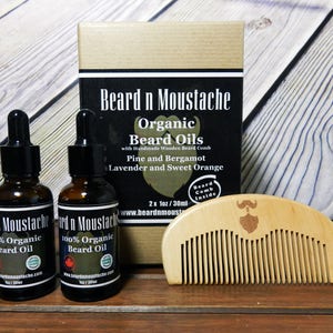 Organic Beard Oils with Wooden Beard Comb Mini Kit, Birthday Gift for Him, Birthday Gift for Men, Groom Gift Set, Groom Set, Birthday Gifts