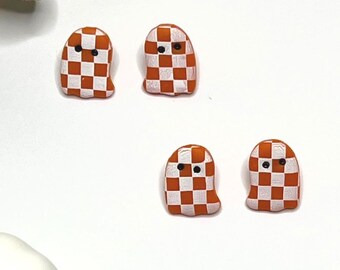 Polymer Clay Ghost Earrings, Checkered Pattern, Halloween Earrings, Handmade, Hypoallergenic, Stud Earrings