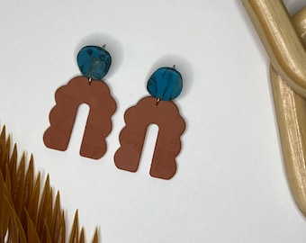 Terra Cotta and Turquoise Scalloped Western Boho Polymer Clay Earrings