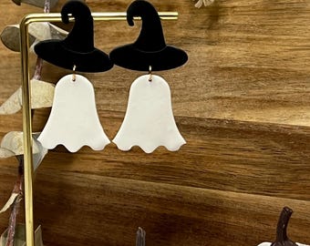 Handmade Polymer Clay Ghost Earrings, Halloween Earrings, Ghosts with Witch Hat, Hypoallergenic, Lightweight, Halloween Earrings