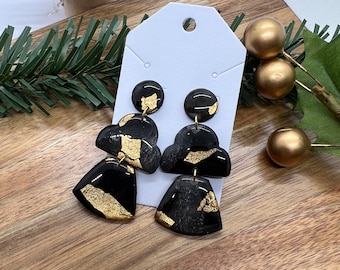 Black and Gold Polymer Clay Earrings, Lightweight Earrings, Shiny, Dangle Earrings, Trendy Earrings