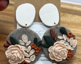 Handmade Neutral Floral Polymer Clay Earrings: Lightweight Statement Jewelry
