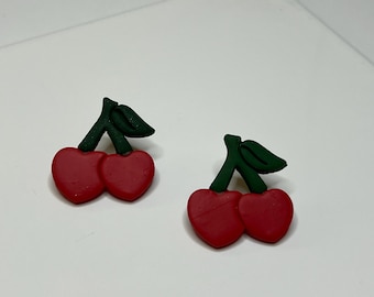 Handmade Polymer Clay Cherry Heart Stud Earrings