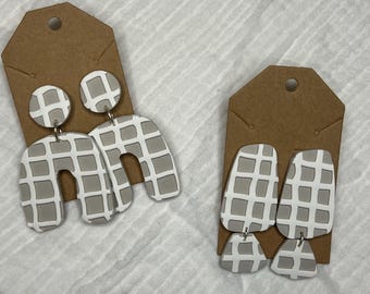 Gingham Polymer Clay Earrings: Abstract Tan & White Design