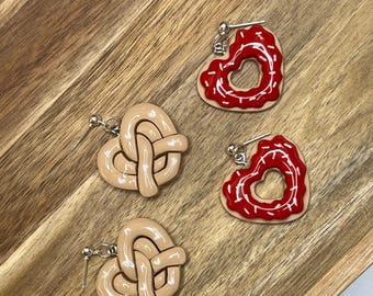 Handmade Valentine's Day Polymer Clay Earrings: Heart Donut & Pretzel