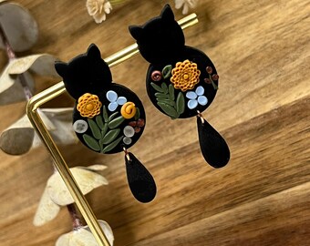 Handmade Halloween Cats Earrings, Hypoallergenic, Black Cats, Floral, Polymer Clay, Lightweight Earrings