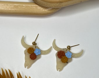 Cow Skull with Flowers Western Boho Polymer Clay Earrings