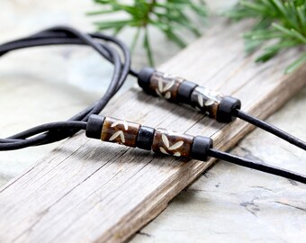 Tribal Beaded Leather Eyeglass Chain, Carved wood bead sunglasses strap, Leather Glasses Chains, Sunglasses Chain, For Men, Made in USA