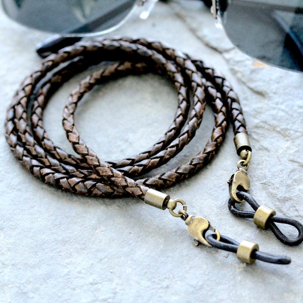 Rugged Braided Leather Eyeglass Holder Chain, Vintage Brown Leather Sunglasses Holder Strap, Braided Leather Glasses Chain, Men Sunglasses