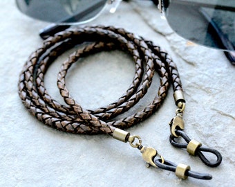 Rugged Braided Leather Eyeglass Holder Chain, Vintage Brown Leather Sunglasses Holder Strap, Braided Leather Glasses Chain, Men Sunglasses