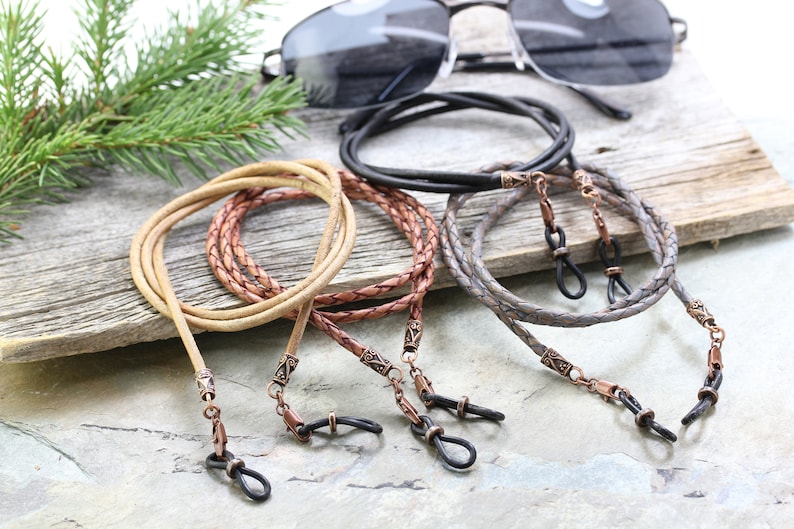 Black Leather Eyeglass Chain Mens Sunglasses Holder Strap Etsy