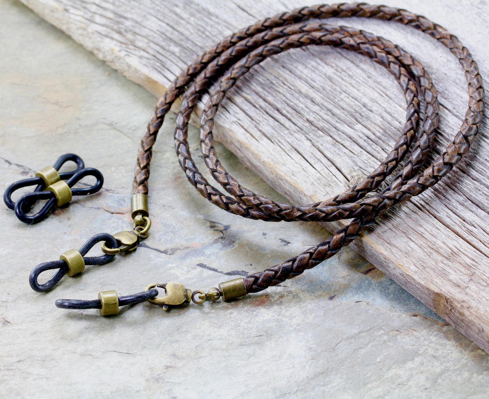 Rugged Braided Leather Eyeglass Holder Chain, Vintage Brown Leather ...