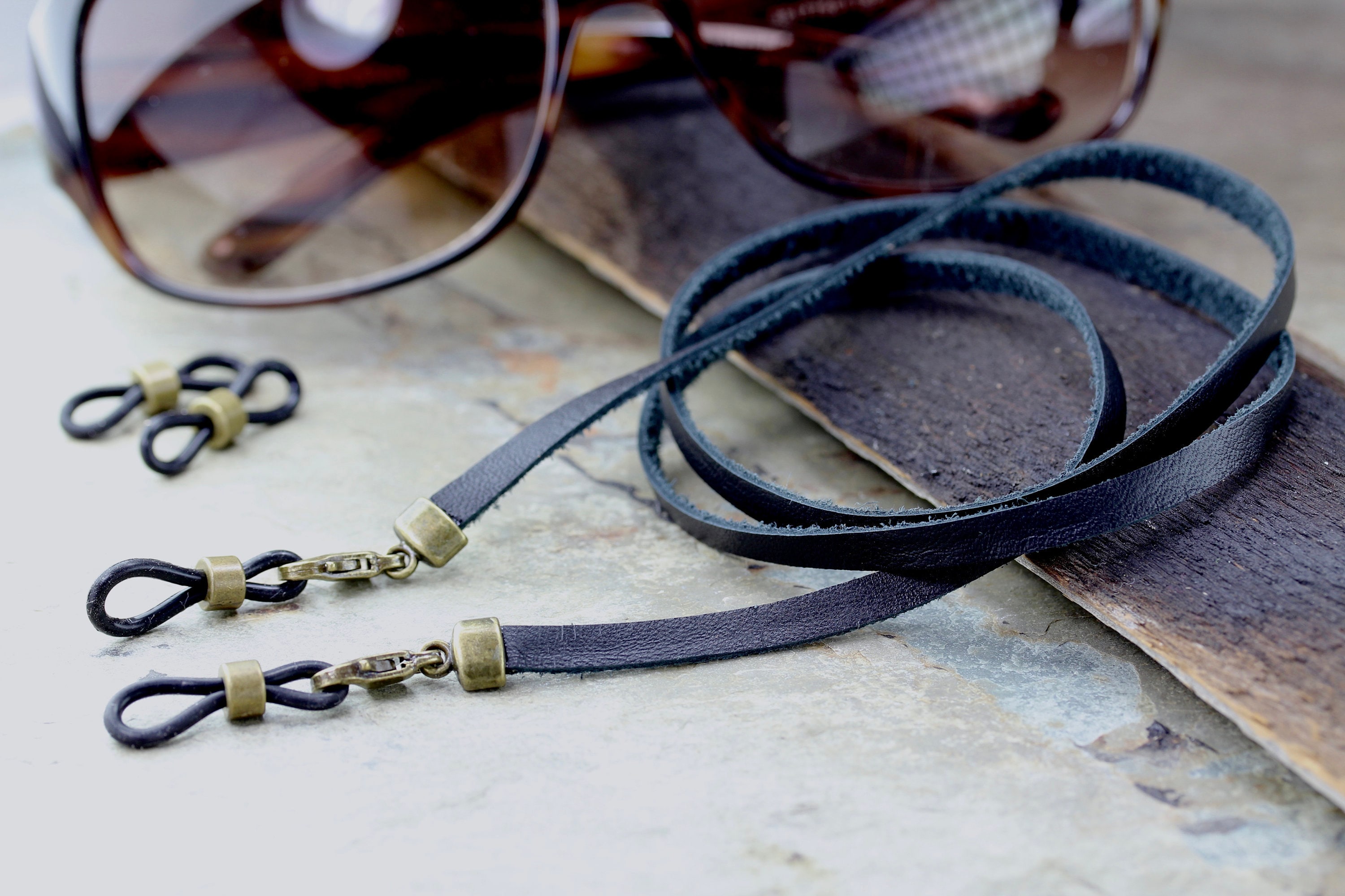 Black Deerskin Leather Eyeglass Chain With Antique Brass Flat Etsy