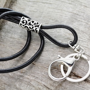 Black Silver Leather Lanyard, Lanyard, Boho Lanyard, Black Leather Key Lanyard, Key Lanyard, ID Badge Lanyard, Leather ID Lanyard, SL-100 image 1