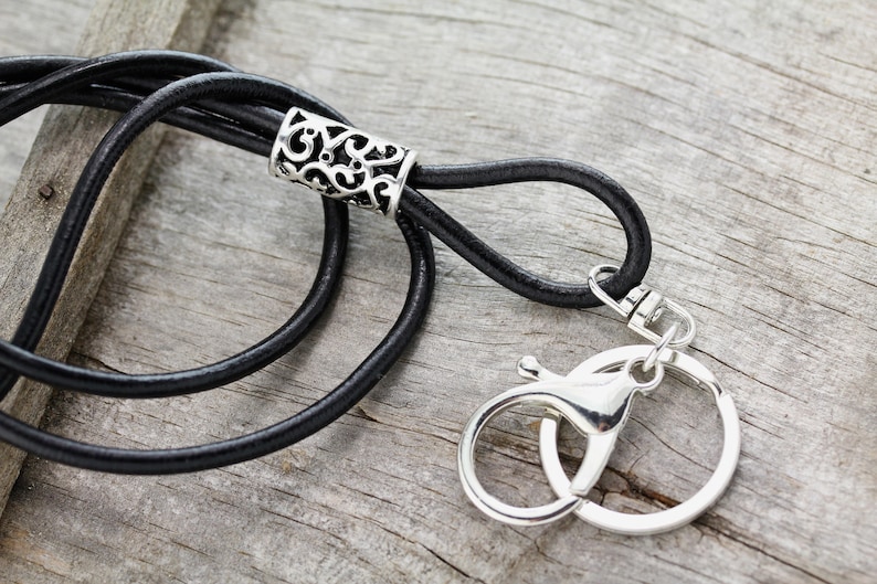 Black Silver Leather Lanyard, Lanyard, Boho Lanyard, Black Leather Key Lanyard, Key Lanyard, ID Badge Lanyard, Leather ID Lanyard, SL-100 image 1