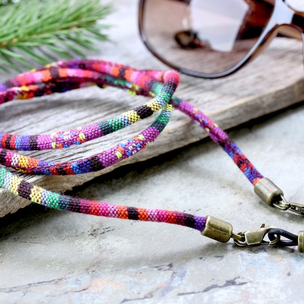 Tribal Hipster Sunglasses Holder cord, Ethnic eyeglass chain, Festival Sunglasses Holder, Rustic Glasses Chain, Rainbow Eyeglass Chain