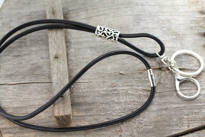 Black Silver Leather Lanyard, Lanyard, Boho Lanyard, Black Leather Key Lanyard, Key Lanyard, ID Badge Lanyard, Leather ID Lanyard, SL-100 image 5