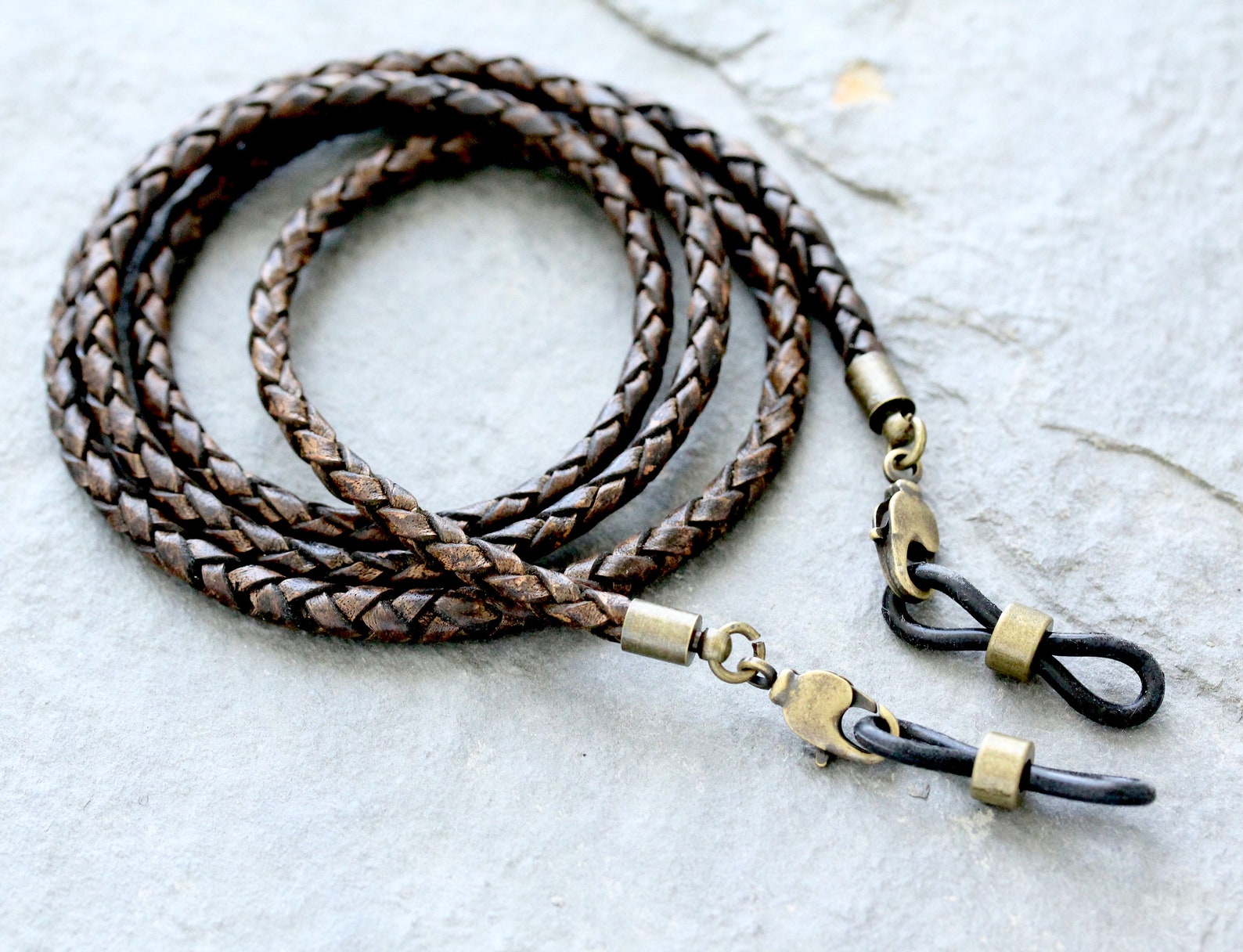 Rugged Braided Leather Eyeglass Holder Chain, Vintage Brown Leather ...