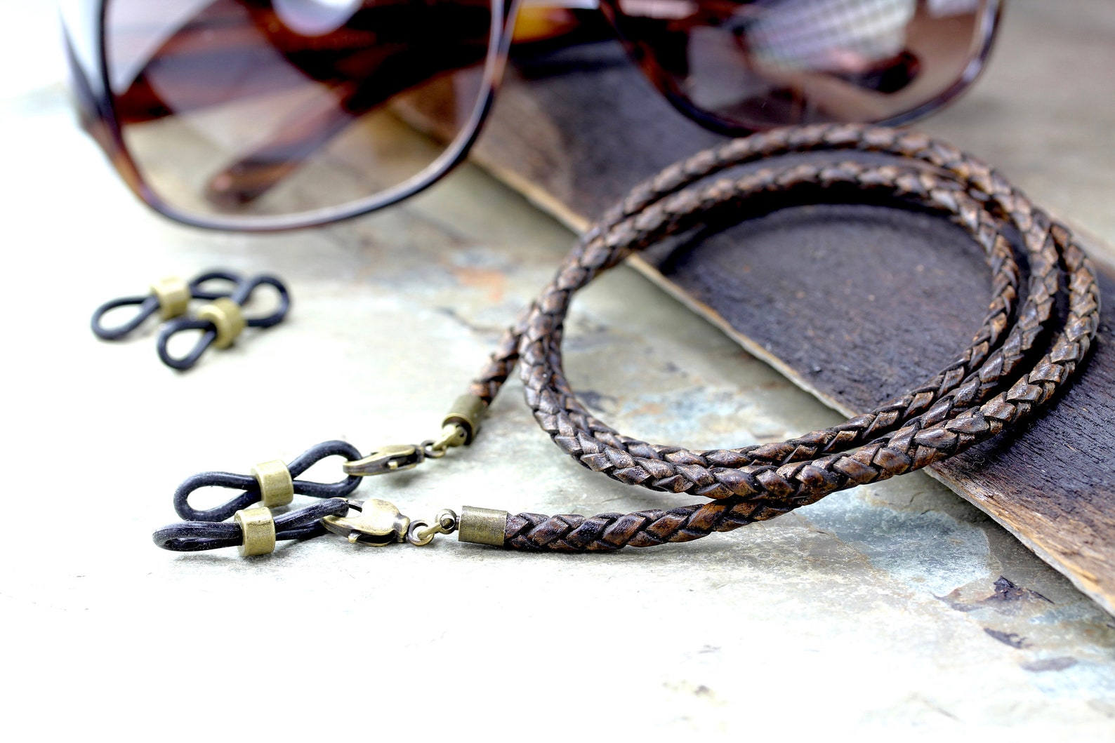 Rugged Braided Leather Eyeglass Holder Chain, Vintage Brown Leather ...
