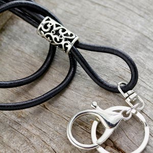 Black Silver Leather Lanyard, Lanyard, Boho Lanyard, Black Leather Key Lanyard, Key Lanyard, ID Badge Lanyard, Leather ID Lanyard, SL-100 image 6