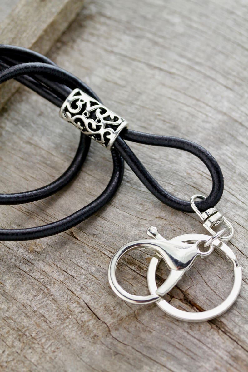 Black Silver Leather Lanyard, Lanyard, Boho Lanyard, Black Leather Key Lanyard, Key Lanyard, ID Badge Lanyard, Leather ID Lanyard, SL-100 image 6