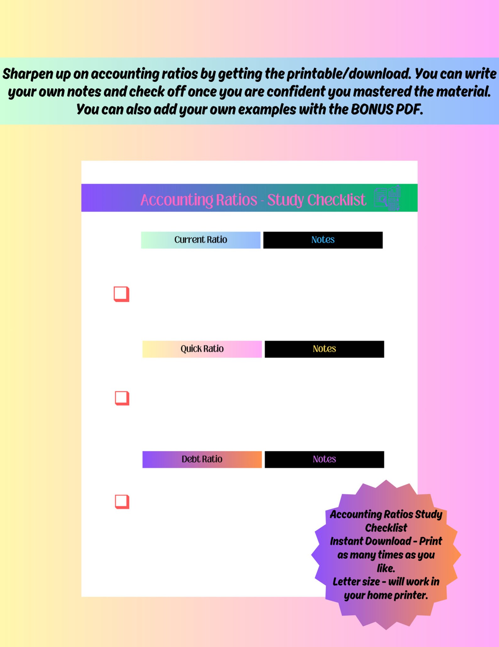 Accounting Ratios Study Checklist - Etsy