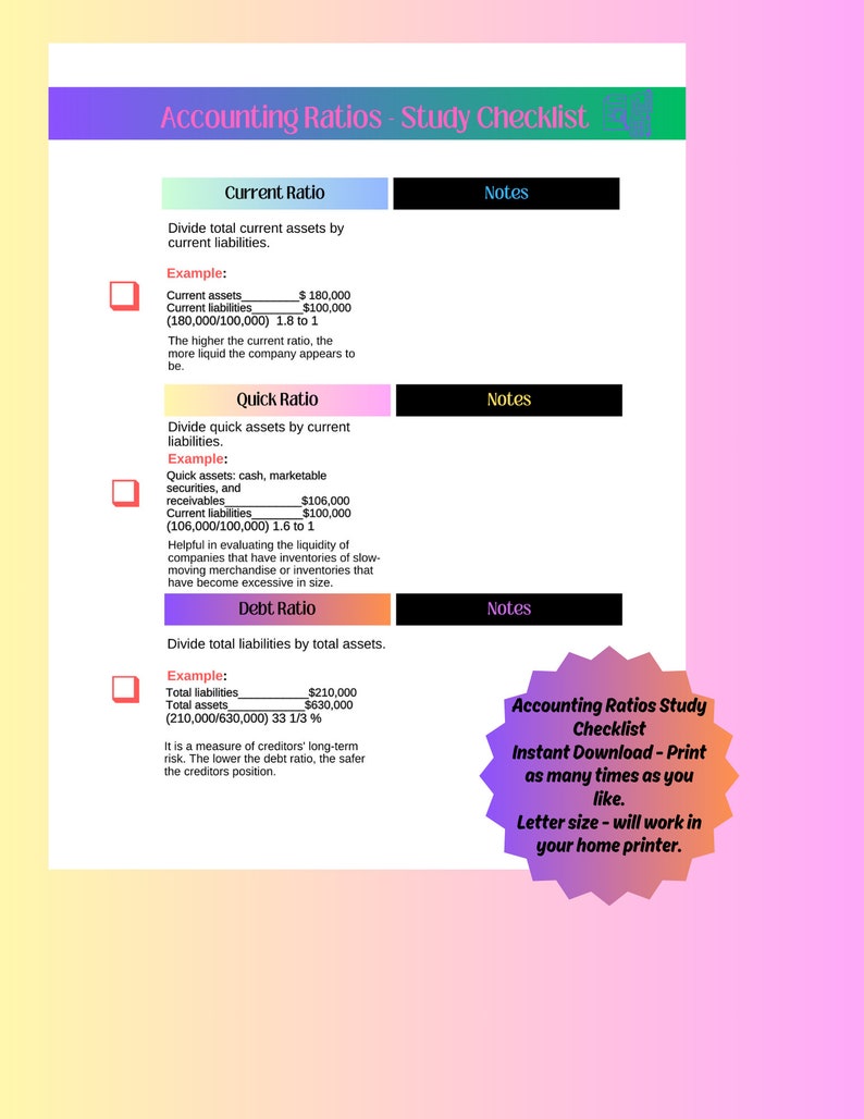Accounting Ratios Study Checklist - Etsy