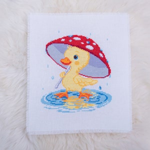Duckling Cross Stitch Pattern, Yellow Duck Under an Umbrella cross stitch pattern, Baby Animals Cross Stitch, Modern embroidery