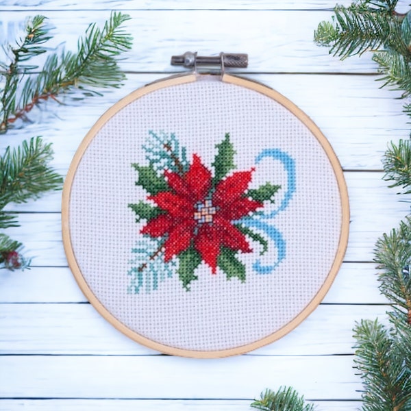 Poinsettia Cross Stitch Pattern PDF, Christmas Red Star, Christmas Holiday Digital Cross Stitch Chart, Xmas PDF cross stitch pattern