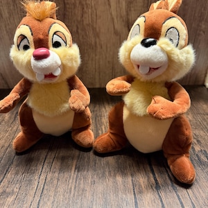 Può includere: Due peluche di scoiattolo. Ognuno ha una pelliccia marrone, una pancia beige e un viso e guance giallo chiaro. Hanno grandi occhi neri, nasi rosa e denti bianchi. I giocattoli sono appoggiati su una superficie di legno.