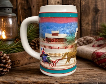 Vintage Miller High Life Beer Stein Mug Winter Farm Scene Holiday Traditions Ceramic Collectible Barware