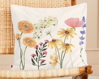 Pillow Cottage Core Wildflowers, Throw Pillow, Flowers, Botanical, Floral, Gift for her