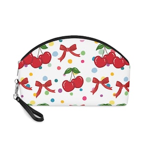 Cherries & Bows Makeup Bag, Trendy Cosmetic Case, Gift for Her, Travel Pouch, Cherries Design Makeup Bag