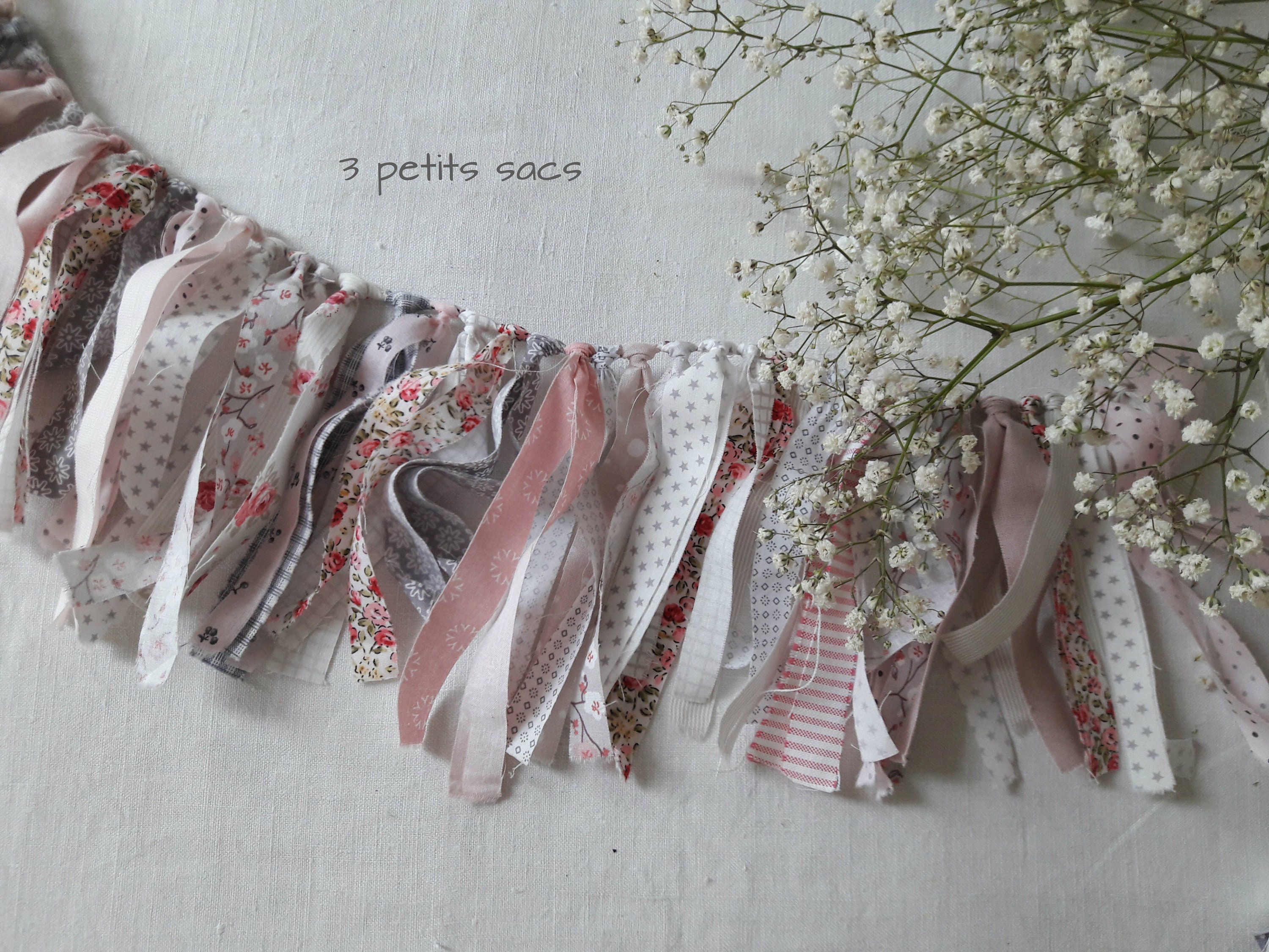 Guirlande Rubans Tissus, Cotonnades ; Bannière Baptême, Mariage