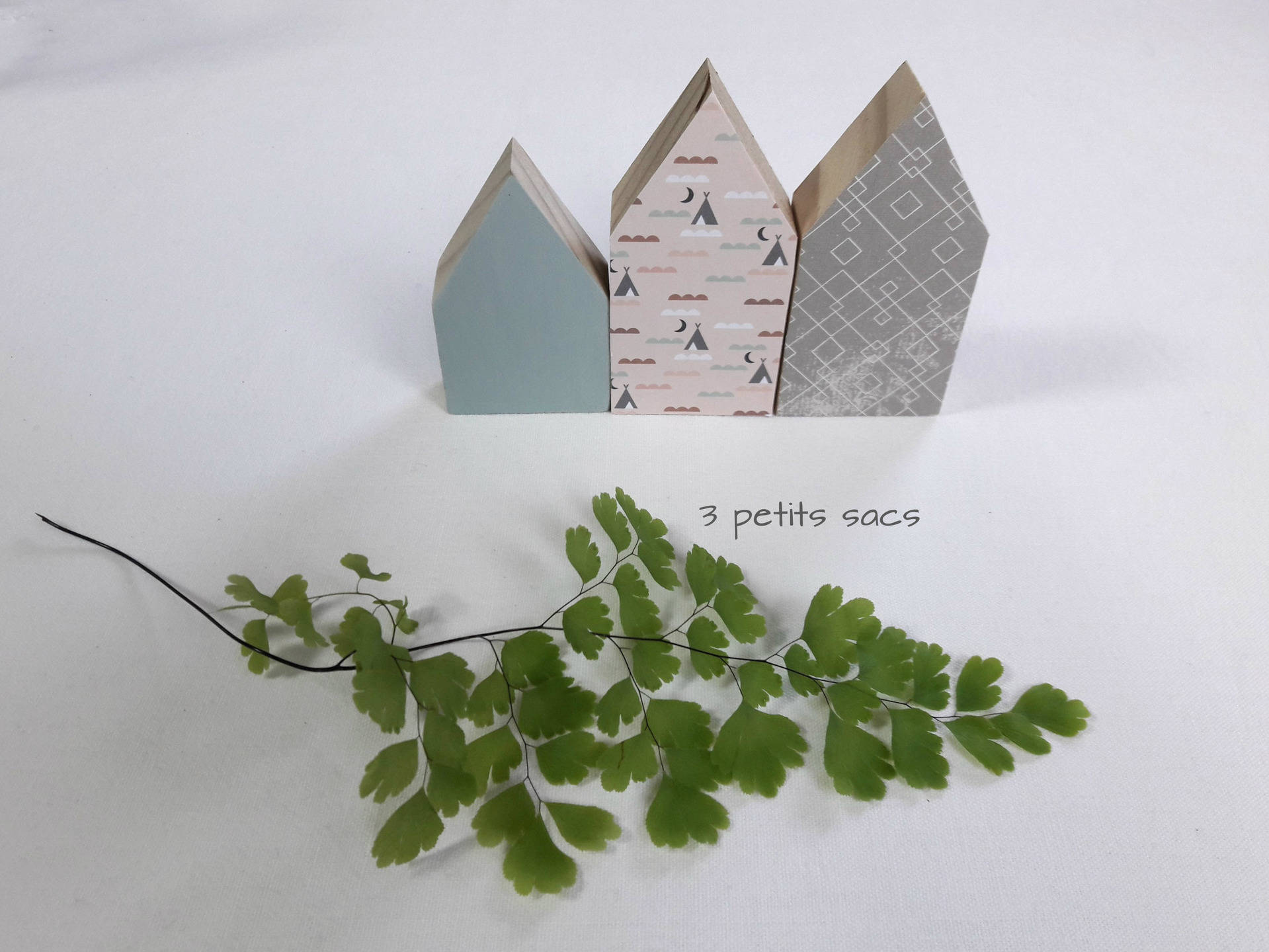 Ensemble de 3 Maisonnettes en Bois, Camaïeu Vert, Rose et Gris ; Ambiance Scandinave