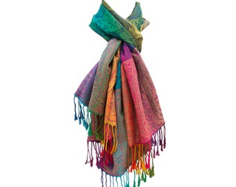 Damen-Schal "Marokko" Pashmina Jacquard Paisley Regenbogen-Farben Viskose-Mix - bunt 180 x 60 cm